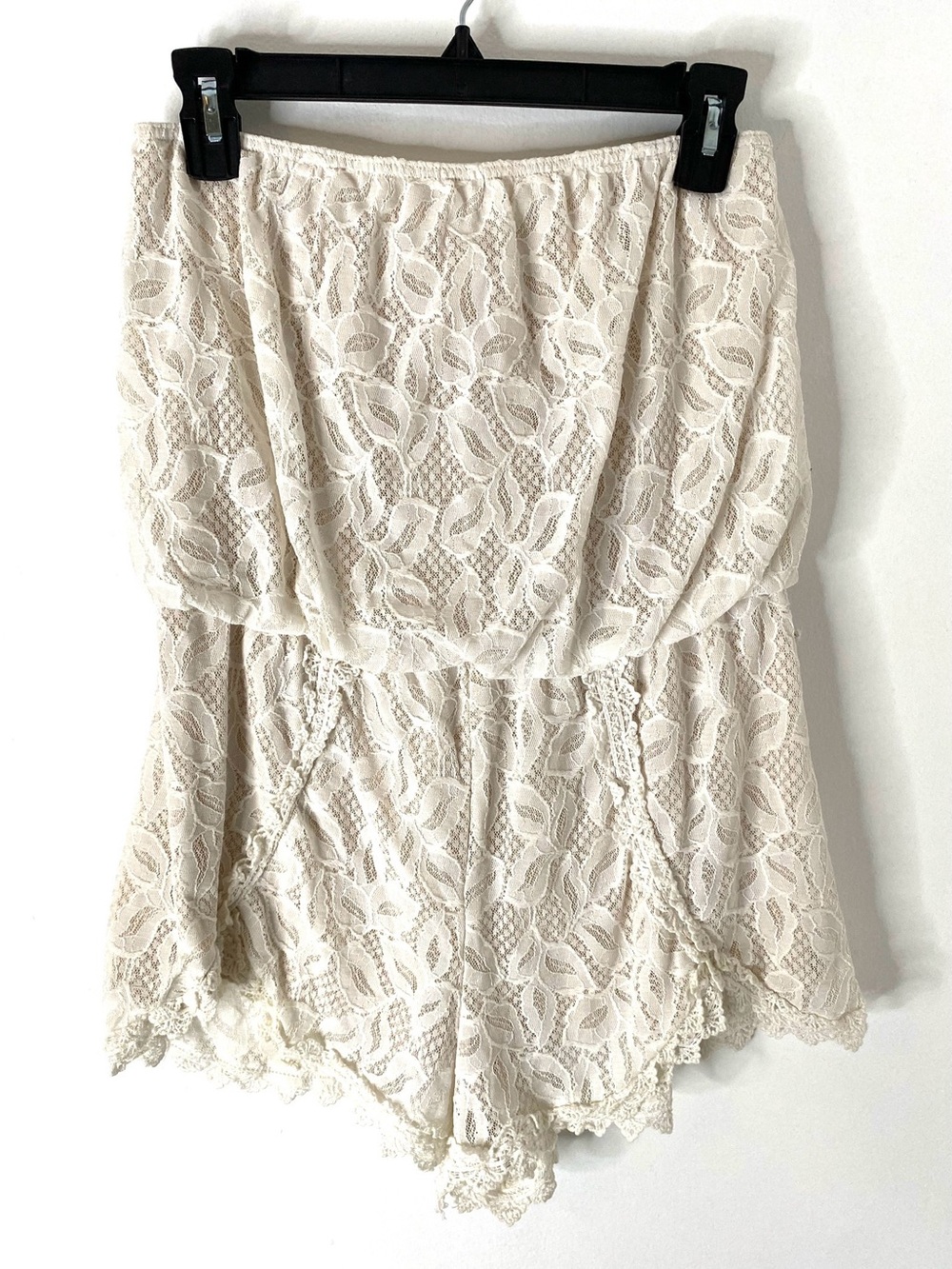 Free People Ivory Floral Lace Strapless Romper Crochet Trim Boho Festival